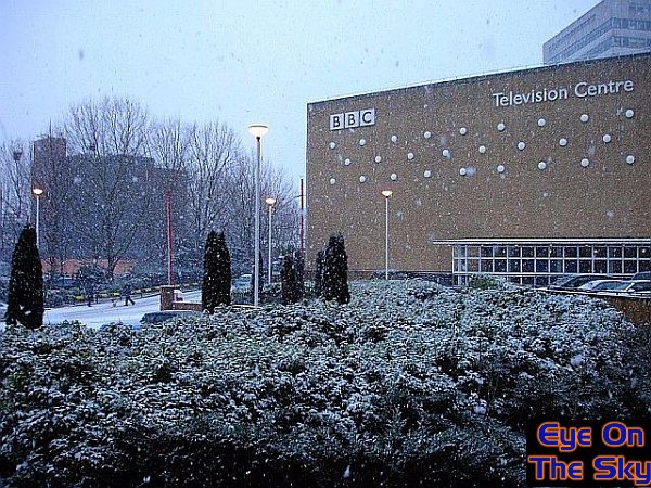 Snow falling at Television Centre, London